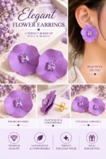 Elegant Purple Flower Stud Earrings for Women with Sparkling Crystal Center | Statement Floral Fashion Jewellery for Party, Festive and Special Occasions - Image 3
