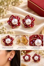 Red Floral Pearl Stud Earrings for Women | Multicolor Shell Effect Flower Design | Gold Tone Statement Fashion Jewellery - Image 4