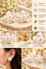 Elegant White Floral Pearl Stud Earrings for Women | Mother of Pearl Effect Flower Design | Gold Tone Statement Fashion Jewellery - Image 5