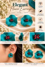 Elegant Teal Blue Flower Stud Earrings for Women with Red Crystal Center | Statement Floral Fashion Jewellery for Party, Festive and Special Occasions - Image 4