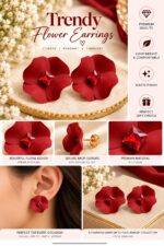 Elegant Red Flower Stud Earrings for Women with Red Crystal Center | Statement Floral Fashion Jewellery for Party, Festive and Special Occasions - Image 5