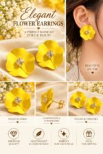 Elegant Yellow Flower Stud Earrings for Women with Sparkling Crystal Center | Statement Floral Fashion Jewellery for Party, Festive and Special Occasions - Image 4