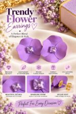 Elegant Purple Flower Stud Earrings for Women with Sparkling Crystal Center | Statement Floral Fashion Jewellery for Party, Festive and Special Occasions - Image 4