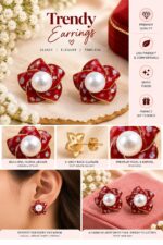 Red Floral Pearl Stud Earrings for Women | Multicolor Shell Effect Flower Design | Gold Tone Statement Fashion Jewellery - Image 5