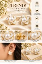 Elegant White Floral Pearl Stud Earrings for Women | Mother of Pearl Effect Flower Design | Gold Tone Statement Fashion Jewellery - Image 6