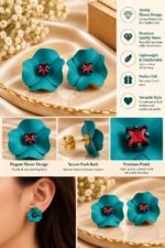 Elegant Teal Blue Flower Stud Earrings for Women with Red Crystal Center | Statement Floral Fashion Jewellery for Party, Festive and Special Occasions - Image 5