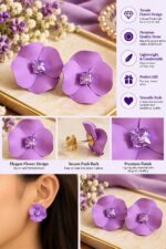 Elegant Purple Flower Stud Earrings for Women with Sparkling Crystal Center | Statement Floral Fashion Jewellery for Party, Festive and Special Occasions - Image 5