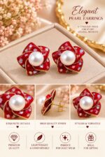 Red Floral Pearl Stud Earrings for Women | Multicolor Shell Effect Flower Design | Gold Tone Statement Fashion Jewellery - Image 6