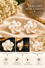 Elegant White Floral Pearl Stud Earrings for Women | Mother of Pearl Effect Flower Design | Gold Tone Statement Fashion Jewellery - Image 7