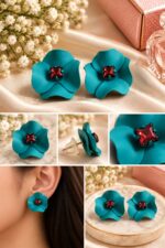 Elegant Teal Blue Flower Stud Earrings for Women with Red Crystal Center | Statement Floral Fashion Jewellery for Party, Festive and Special Occasions - Image 6