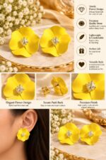 Elegant Yellow Flower Stud Earrings for Women with Sparkling Crystal Center | Statement Floral Fashion Jewellery for Party, Festive and Special Occasions - Image 6