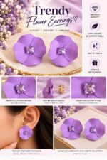 Elegant Purple Flower Stud Earrings for Women with Sparkling Crystal Center | Statement Floral Fashion Jewellery for Party, Festive and Special Occasions - Image 6