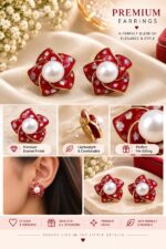 Red Floral Pearl Stud Earrings for Women | Multicolor Shell Effect Flower Design | Gold Tone Statement Fashion Jewellery - Image 7