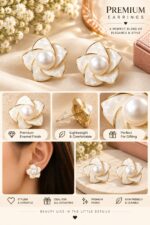 Elegant White Floral Pearl Stud Earrings for Women | Mother of Pearl Effect Flower Design | Gold Tone Statement Fashion Jewellery - Image 2