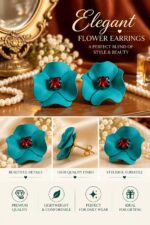 Elegant Teal Blue Flower Stud Earrings for Women with Red Crystal Center | Statement Floral Fashion Jewellery for Party, Festive and Special Occasions - Image 7