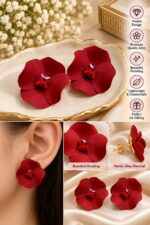 Elegant Red Flower Stud Earrings for Women with Red Crystal Center | Statement Floral Fashion Jewellery for Party, Festive and Special Occasions - Image 2