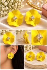Elegant Yellow Flower Stud Earrings for Women with Sparkling Crystal Center | Statement Floral Fashion Jewellery for Party, Festive and Special Occasions - Image 7