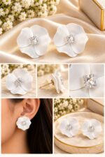 Elegant White Flower Stud Earrings for Women with Sparkling Crystal Center | Statement Floral Fashion Jewellery for Party, Wedding, Festive and Special Occasions - Image 2