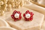 Red Floral Pearl Stud Earrings for Women | Multicolor Shell Effect Flower Design | Gold Tone Statement Fashion Jewellery