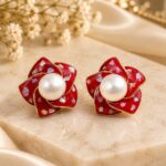 Red Floral Pearl Stud Earrings for Women | Multicolor Shell Effect Flower Design | Gold Tone Statement Fashion Jewellery