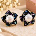 Luxury Black Floral Pearl Stud Earrings for Women | Multicolor Shell Effect Flower Design | Gold Tone Statement Fashion Earrings