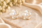 Elegant White Floral Pearl Stud Earrings for Women | Mother of Pearl Effect Flower Design | Gold Tone Statement Fashion Jewellery