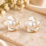 Elegant White Floral Pearl Stud Earrings for Women | Mother of Pearl Effect Flower Design | Gold Tone Statement Fashion Jewellery