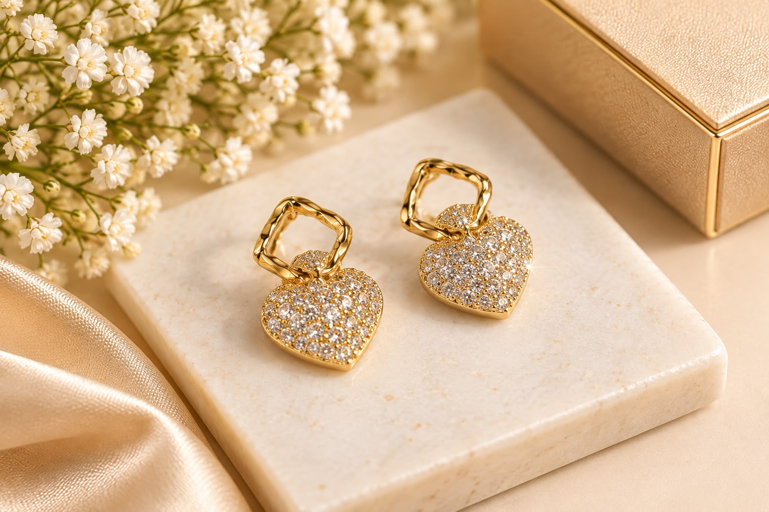 7 Elegant Gold Heart Drop Earrings for Women | Sparkling Crystal Heart Design | Gold Tone Dangle Fashion Jewellery for Party & Festive Wear - Image 1