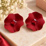 Elegant Red Flower Stud Earrings for Women with Red Crystal Center | Statement Floral Fashion Jewellery for Party, Festive and Special Occasions