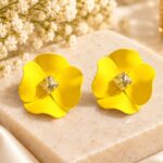 Elegant Yellow Flower Stud Earrings for Women with Sparkling Crystal Center | Statement Floral Fashion Jewellery for Party, Festive and Special Occasions