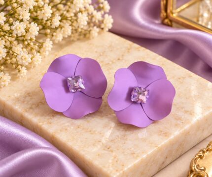 Elegant Purple Flower Stud Earrings for Women with Sparkling Crystal Center | Statement Floral Fashion Jewellery for Party, Festive and Special Occasions