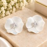 Elegant White Flower Stud Earrings for Women with Sparkling Crystal Center | Statement Floral Fashion Jewellery for Party, Wedding, Festive and Special Occasions