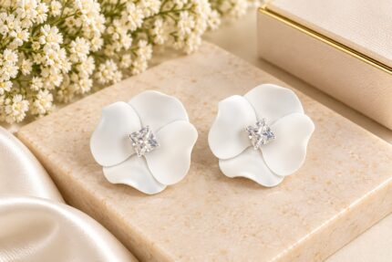Elegant White Flower Stud Earrings for Women with Sparkling Crystal Center | Statement Floral Fashion Jewellery for Party, Wedding, Festive and Special Occasions